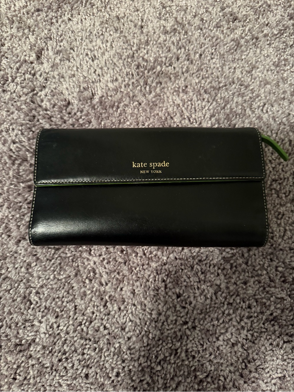 kate spade Black Leather Continental Wallet with Green Trim